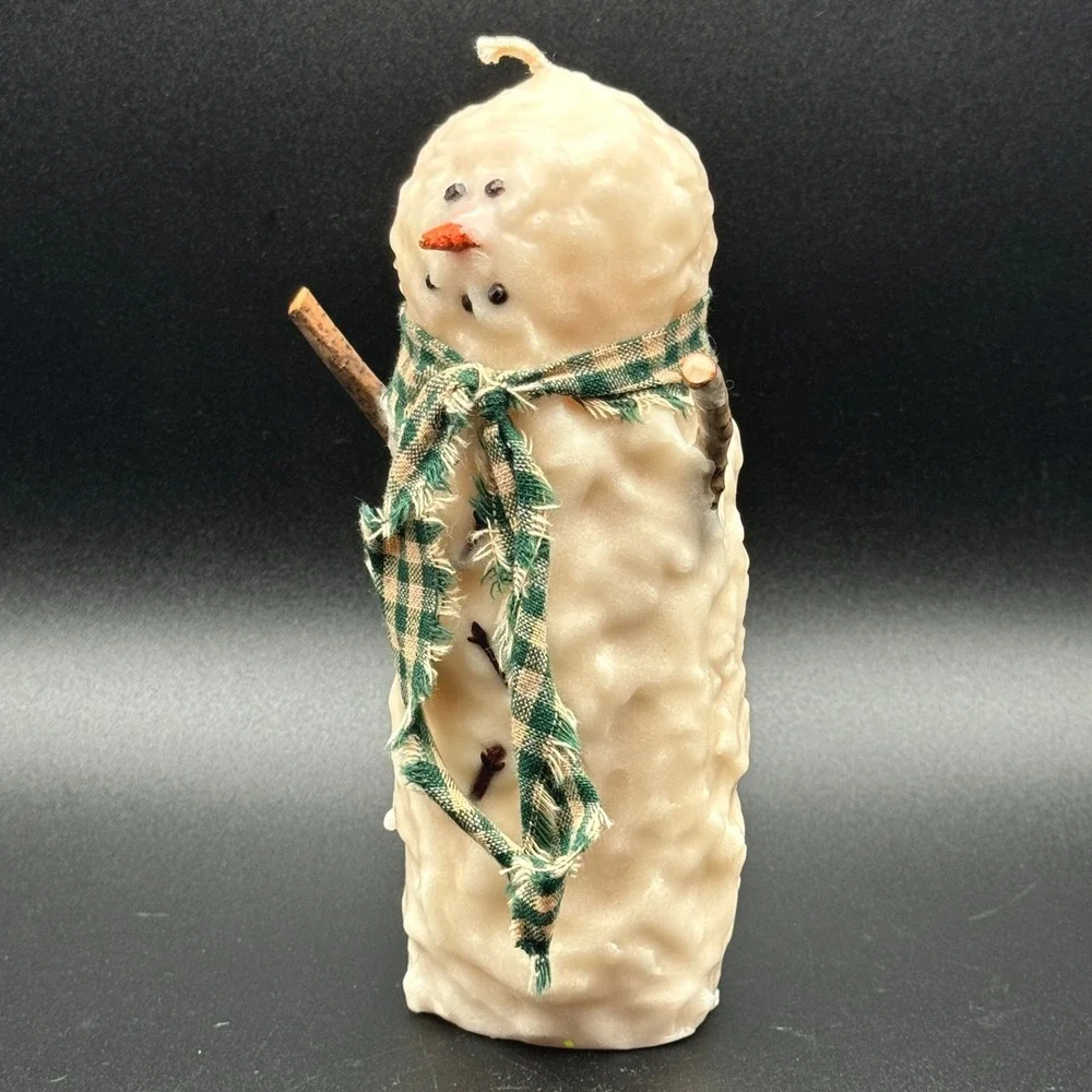 Rustic Snowman Pillar Candle Primitive Holiday Decor Plaid Scarf Stick Arms